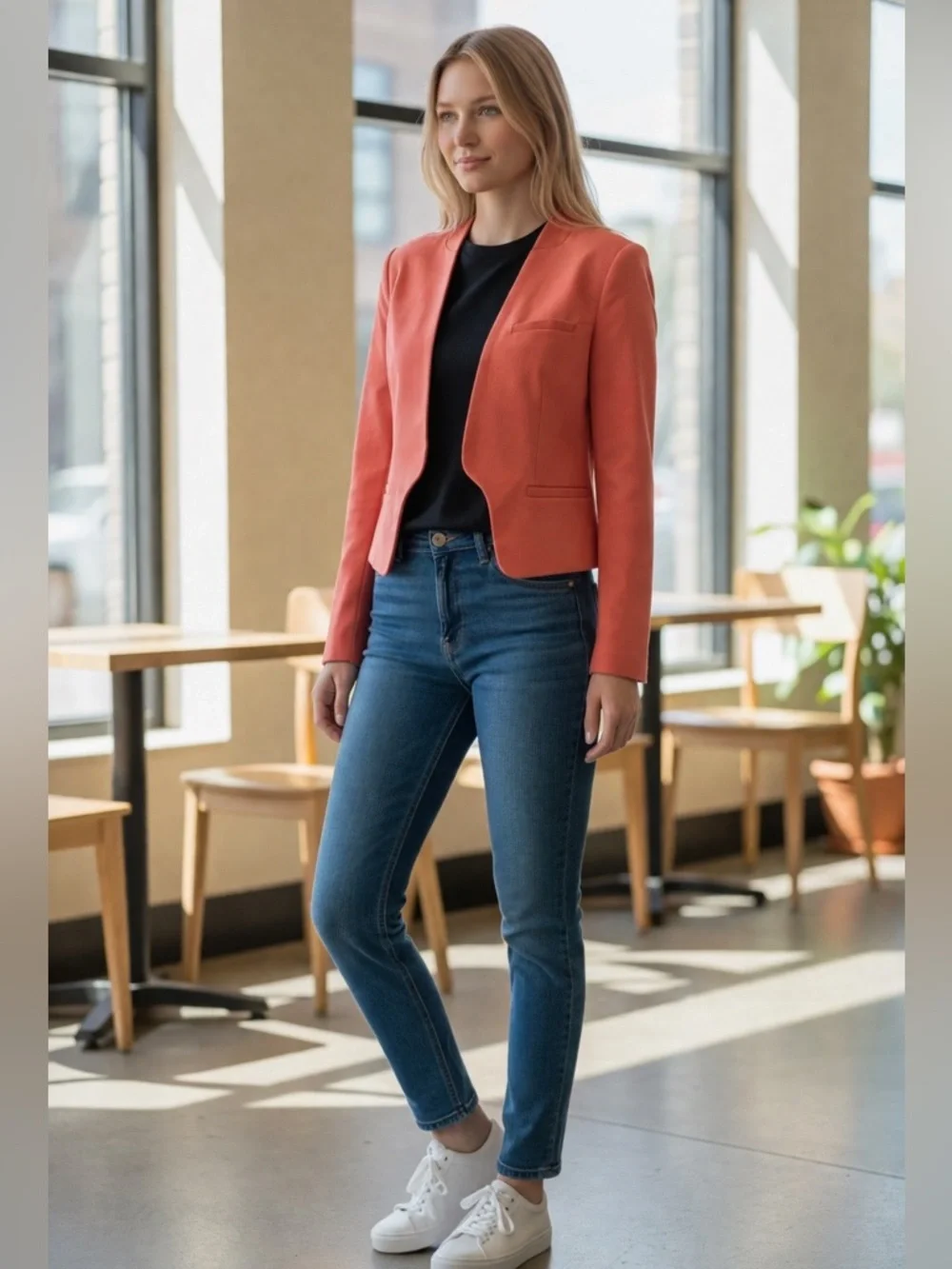 Aryn K Coral Cropped Open Front Blazer Lightweight Jacket